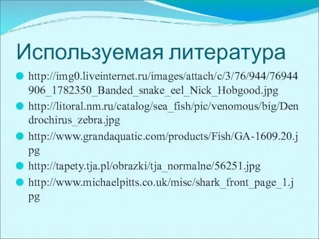 Используемая литература http://img0.liveinternet.ru/images/attach/c/3/76/944/76944906_1782350_Banded_snake_eel_Nick_Hobgood.jpg http://litoral.nm.ru/catalog/sea_fish/pic/venomous/big/Dendrochirus_zebra.jpg http://www.grandaquatic.com/products/Fish/GA-1609.20.jpg http://tapety.tja.pl/obrazki/tja_normalne/56251.jpg http://www.michaelpitts.co.uk/misc/shark_front_page_1.jpg