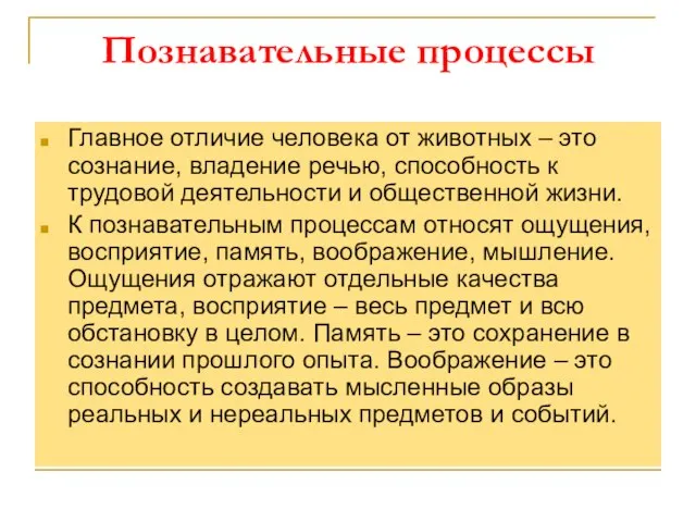 Познавательные процессы Главное отличие человека от животных – это сознание, владение речью,