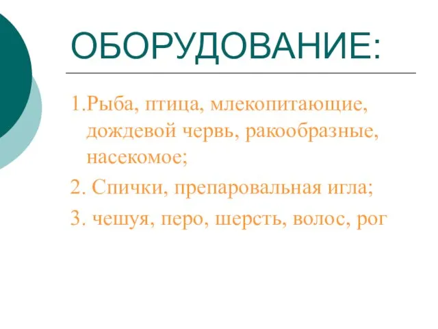 ОБОРУДОВАНИЕ: 1.Рыба, птица, млекопитающие, дождевой червь, ракообразные, насекомое; 2. Спички, препаровальная игла;