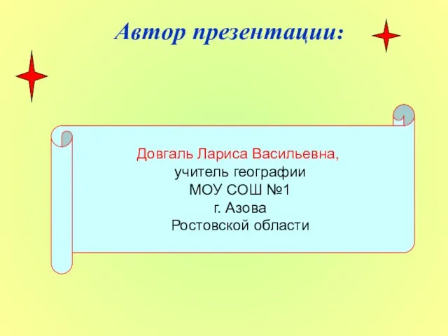 Автор презентации: Довгаль Лариса Васильевна, учитель географии МОУ СОШ №1 г. Азова Ростовской области