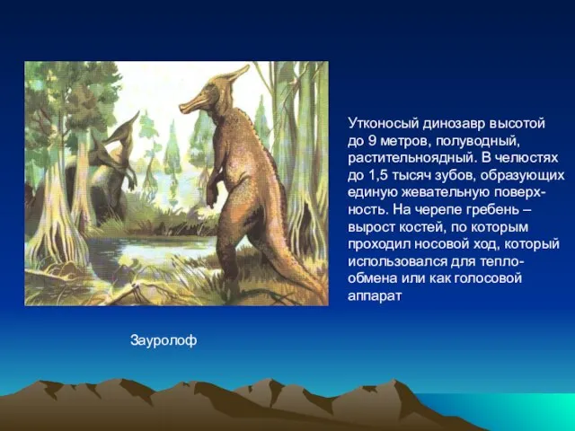 Зауролоф Утконосый динозавр высотой до 9 метров, полуводный, растительноядный. В челюстях до