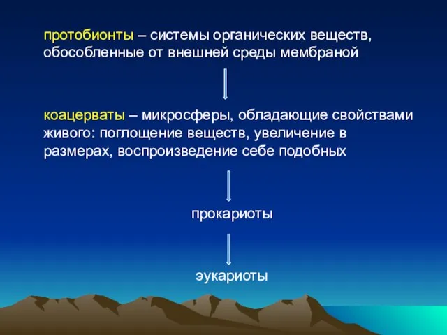 протобионты – системы органических веществ, обособленные от внешней среды мембраной коацерваты –