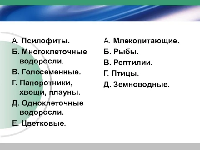 А. Псилофиты. Б. Многоклеточные водоросли. В. Голосеменные. Г. Папоротники, хвощи, плауны. Д.