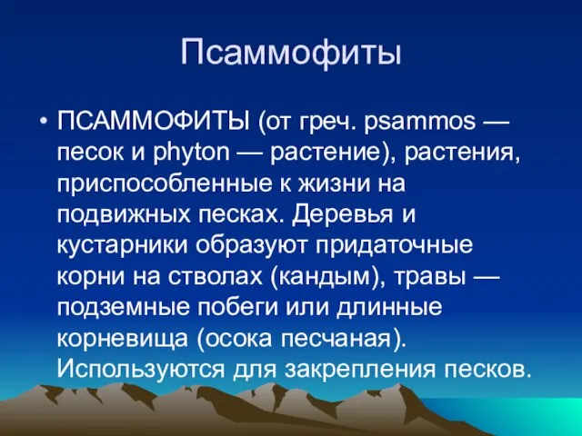 Псаммофиты ПСАММОФИТЫ (от греч. psammos — песок и phyton — растение), растения,