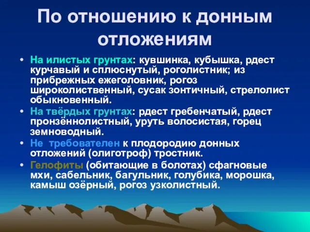 По отношению к донным отложениям На илистых грунтах: кувшинка, кубышка, рдест курчавый