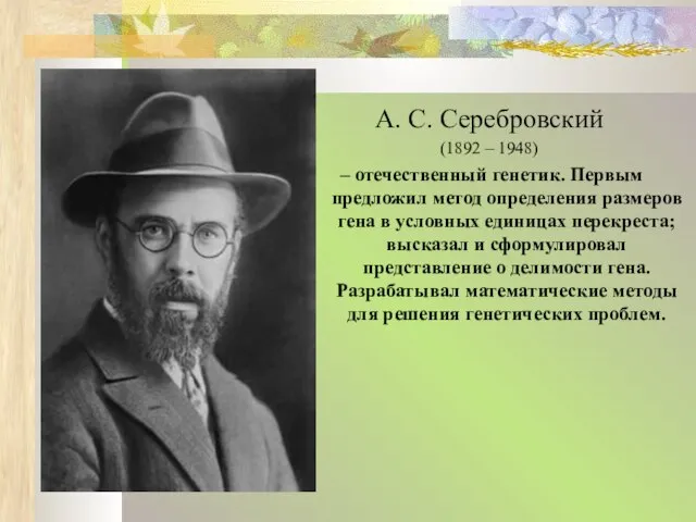 А. С. Серебровский (1892 – 1948) – отечественный генетик. Первым предложил метод