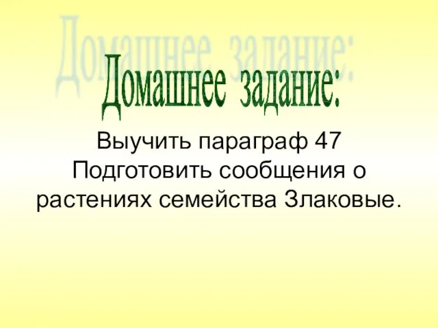 Выучить параграф 47 Подготовить сообщения о растениях семейства Злаковые. Домашнее задание: