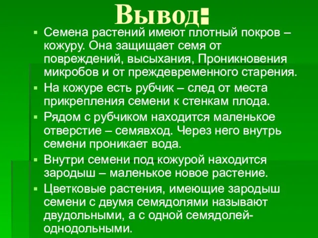 Вывод: Семена растений имеют плотный покров – кожуру. Она защищает семя от