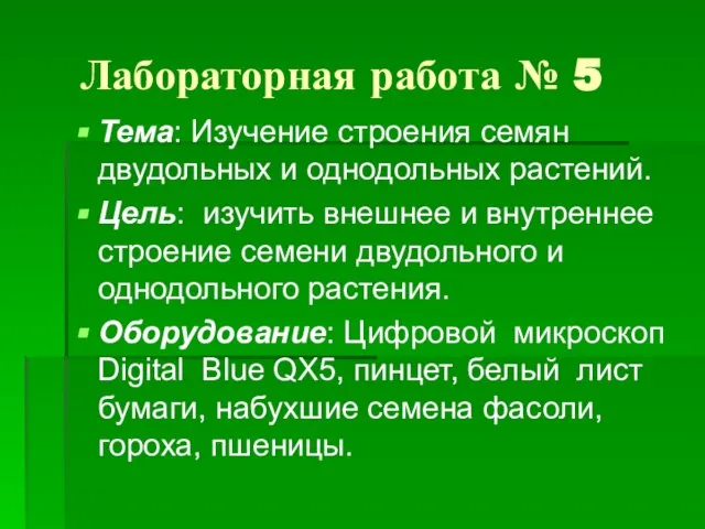 Лабораторная работа № 5 Тема: Изучение строения семян двудольных и однодольных растений.