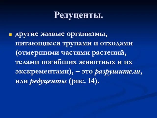 Редуценты. другие живые организмы, питающиеся трупами и отходами (отмершими частями растений, телами