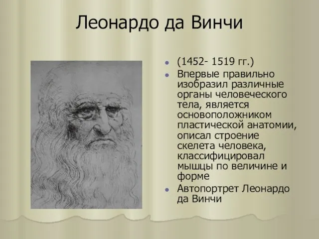 Леонардо да Винчи (1452- 1519 гг.) Впервые правильно изобразил различные органы человеческого