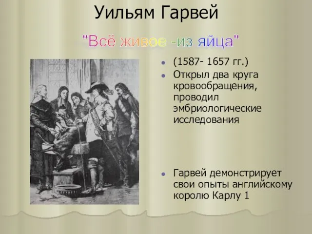 Уильям Гарвей (1587- 1657 гг.) Открыл два круга кровообращения, проводил эмбриологические исследования