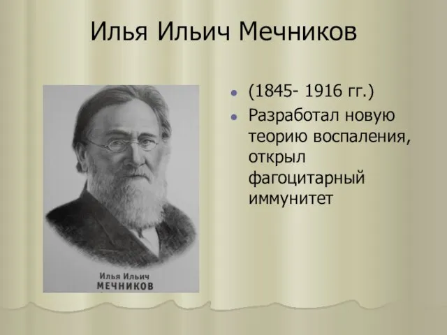 Илья Ильич Мечников (1845- 1916 гг.) Разработал новую теорию воспаления, открыл фагоцитарный иммунитет