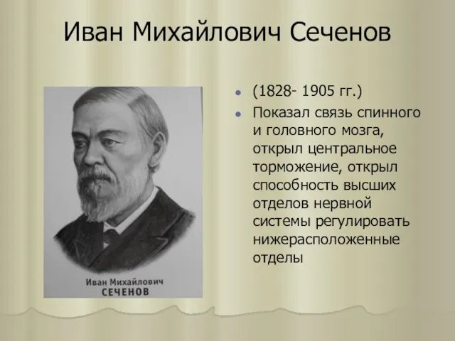 Иван Михайлович Сеченов (1828- 1905 гг.) Показал связь спинного и головного мозга,