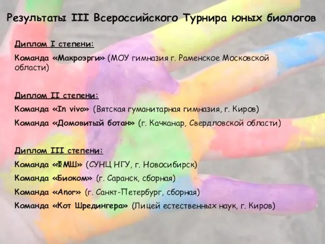 Результаты III Всероссийского Турнира юных биологов Диплом I степени: Команда «Макроэрги» (МОУ
