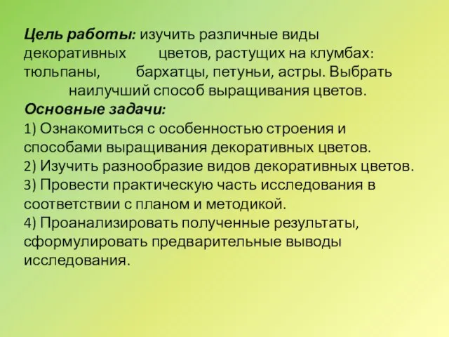 Цель работы: изучить различные виды декоративных цветов, растущих на клумбах: тюльпаны, бархатцы,