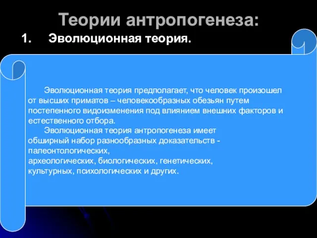 Теории антропогенеза: 1. Эволюционная теория. Эволюционная теория предполагает, что человек произошел от