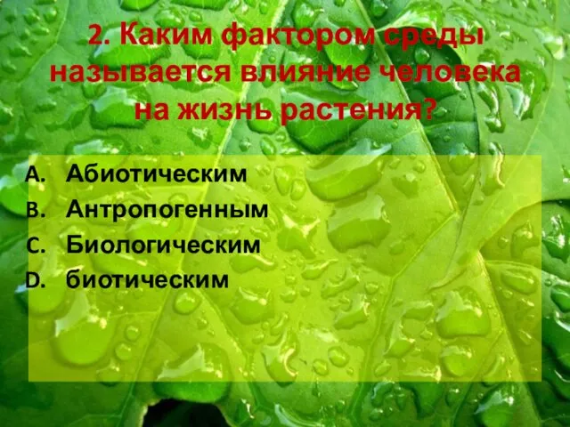 2. Каким фактором среды называется влияние человека на жизнь растения? Абиотическим Антропогенным Биологическим биотическим