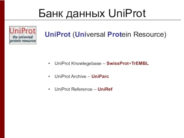 Банк данных UniProt UniProt (Universal Protein Resource) UniProt Knowlegebase – SwissProt+TrEMBL UniProt