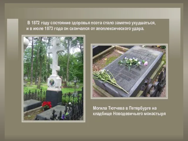 Могила Тютчева в Петербурге на кладбище Новодевичьего монастыря В 1872 году состояние