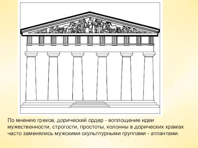 По мнению греков, дорический ордер - воплощение идеи мужественности, строгости, простоты, колонны