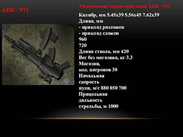 АЕК - 971 Технические характеристики АЕК - 971 Калибр, мм 5.45х39 5.56x45