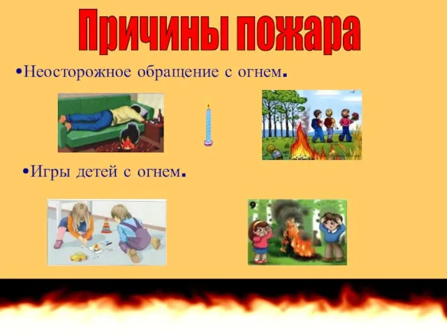 Причины пожара Неосторожное обращение с огнем. Игры детей с огнем.