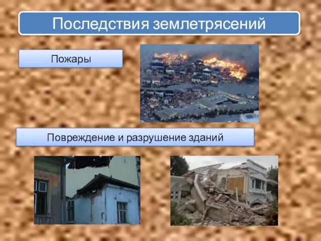Последствия землетрясений Пожары Повреждение и разрушение зданий
