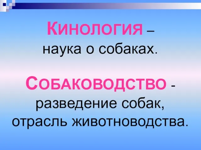 КИНОЛОГИЯ – наука о собаках. СОБАКОВОДСТВО - разведение собак, отрасль животноводства.