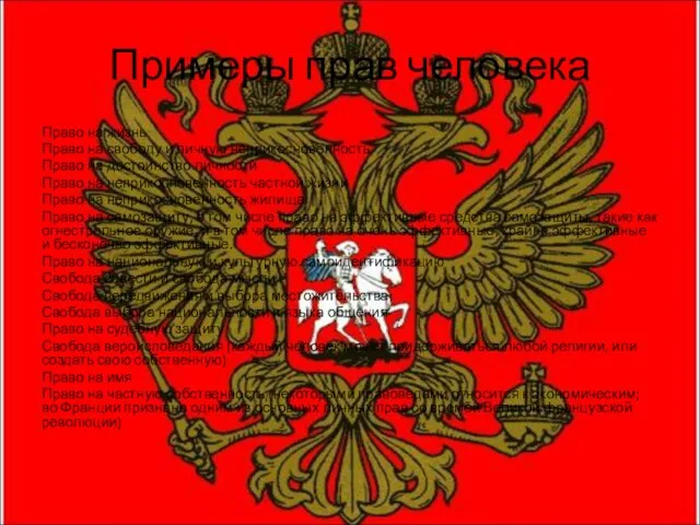 Примеры прав человека Право на жизнь Право на свободу и личную неприкосновенность