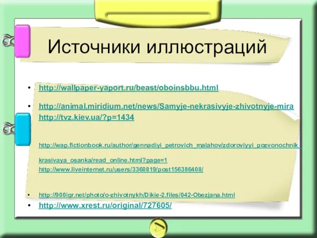http://wallpaper-yaport.ru/beast/oboinsbbu.html http://animal.miridium.net/news/Samyje-nekrasivyje-zhivotnyje-mira http://tvz.kiev.ua/?p=1434 http://wap.fictionbook.ru/author/gennadiyi_petrovich_malahov/zdoroviyyi_pozvonochnik_krasivaya_osanka/read_online.html?page=1 http://www.liveinternet.ru/users/3360819/post156386408/ http://900igr.net/photo/o-zhivotnykh/Dikie-2.files/042-Obezjana.html http://www.xrest.ru/original/727605/ Источники иллюстраций