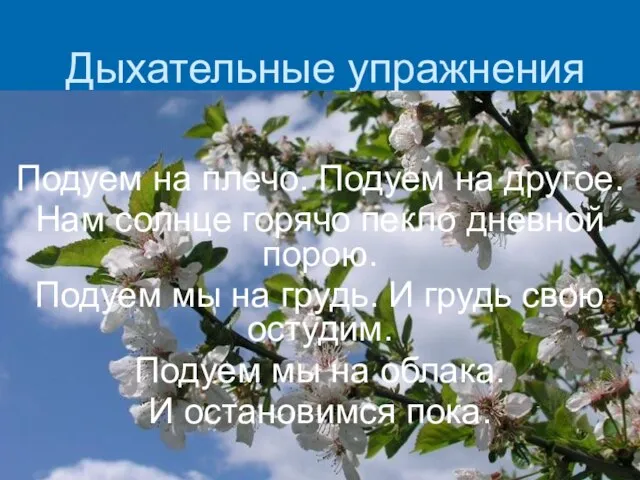 Дыхательные упражнения Подуем на плечо. Подуем на другое. Нам солнце горячо пекло