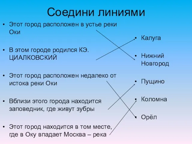 Соедини линиями Этот город расположен в устье реки Оки В этом городе