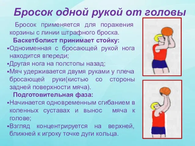 Бросок одной рукой от головы Бросок применяется для поражения корзины с линии