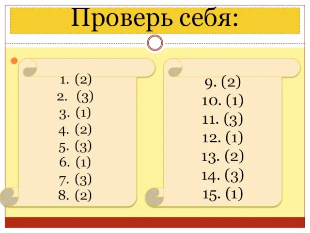 Проверь себя: (2) (3) (1) (2) (3) (1) (3) (2) 9. (2)