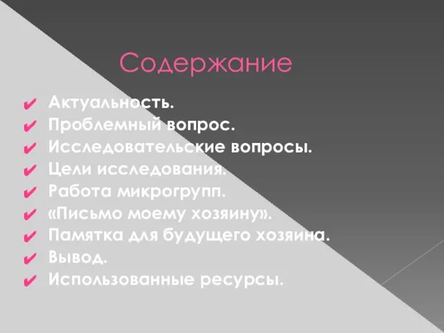 Содержание Актуальность. Проблемный вопрос. Исследовательские вопросы. Цели исследования. Работа микрогрупп. «Письмо моему