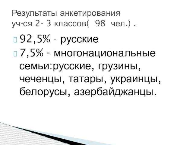 92,5% - русские 7,5% - многонациональные семьи:русские, грузины, чеченцы, татары, украинцы, белорусы,