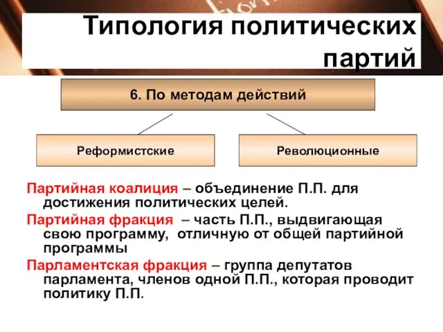 Типология политических партий 6. По методам действий Реформистские Революционные Партийная коалиция –