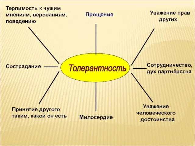 Толерантность Прощение Милосердие Уважение прав других Сотрудничество, дух партнёрства Уважение человеческого достоинства