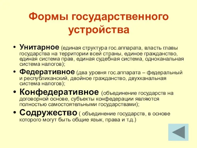 Формы государственного устройства Унитарное (единая структура гос.аппарата, власть главы государства на территории