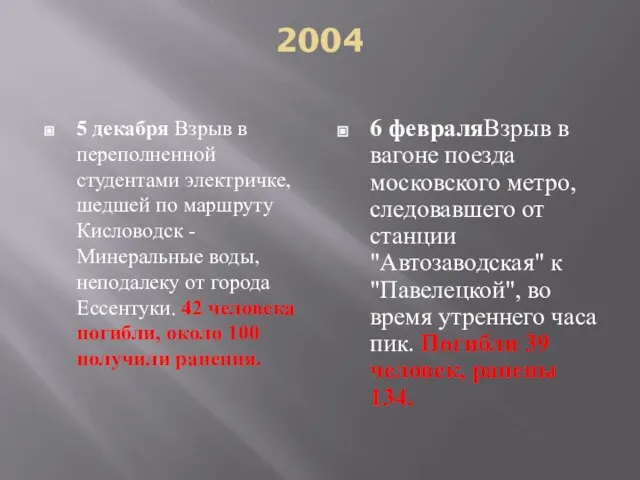 2004 5 декабря Взрыв в переполненной студентами электричке, шедшей по маршруту Кисловодск