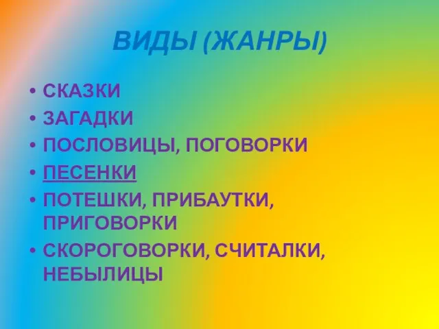 ВИДЫ (ЖАНРЫ) СКАЗКИ ЗАГАДКИ ПОСЛОВИЦЫ, ПОГОВОРКИ ПЕСЕНКИ ПОТЕШКИ, ПРИБАУТКИ, ПРИГОВОРКИ СКОРОГОВОРКИ, СЧИТАЛКИ, НЕБЫЛИЦЫ