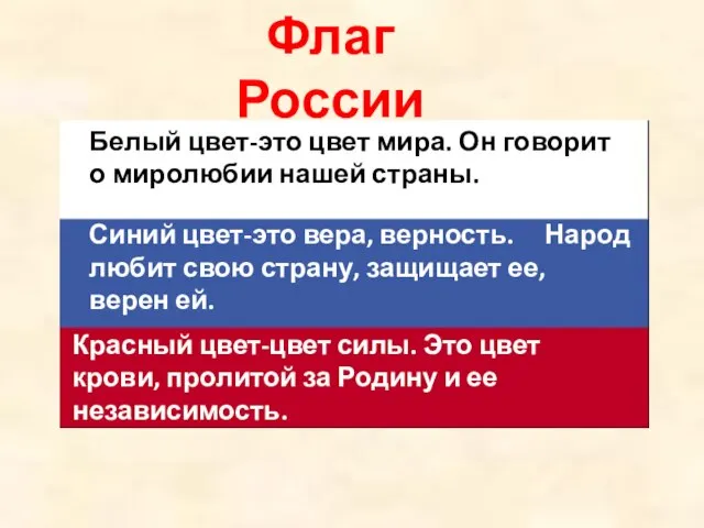 Флаг России Белый цвет-это цвет мира. Он говорит о миролюбии нашей страны.