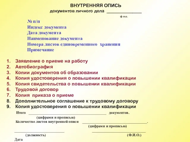 ВНУТРЕННЯЯ ОПИСЬ документов личного дела _______________ ф и.о. № п/п Индекс документа