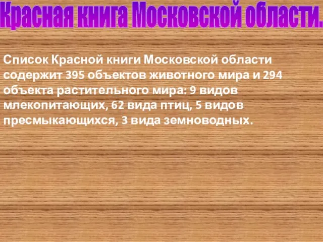 Список Красной книги Московской области содержит 395 объектов животного мира и 294