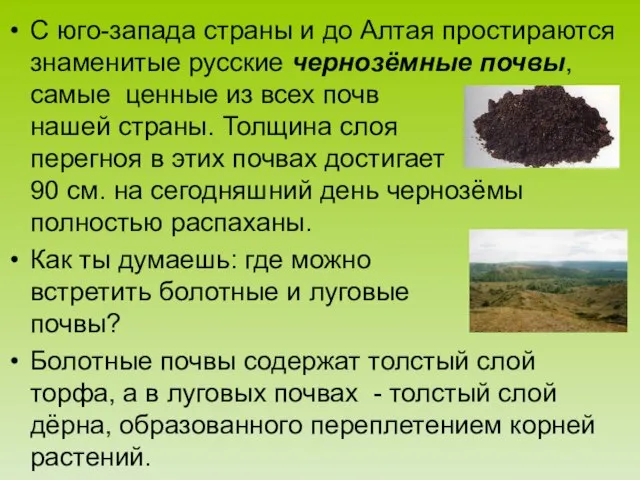 С юго-запада страны и до Алтая простираются знаменитые русские чернозёмные почвы, самые