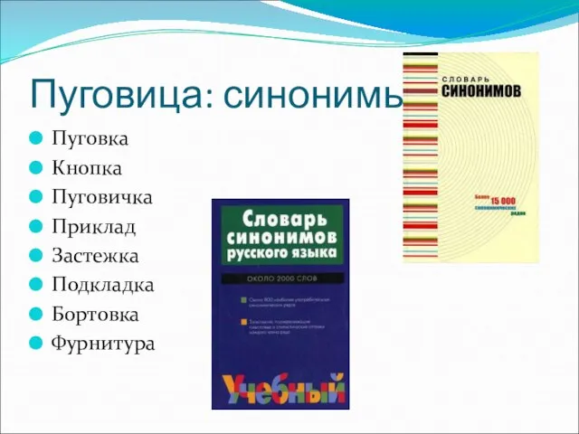 Пуговица: синонимы Пуговка Кнопка Пуговичка Приклад Застежка Подкладка Бортовка Фурнитура