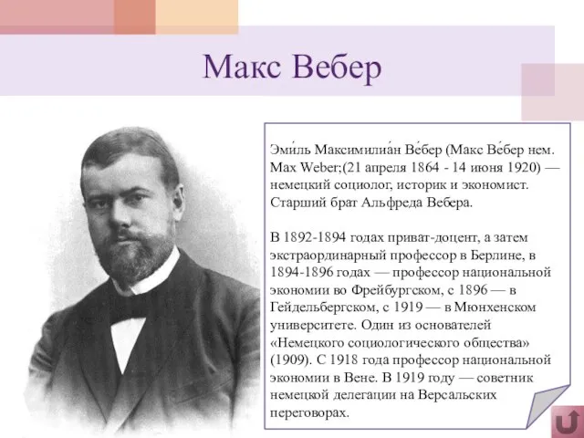 Макс Вебер Эми́ль Максимилиа́н Ве́бер (Макс Ве́бер нем. Max Weber;(21 апреля 1864
