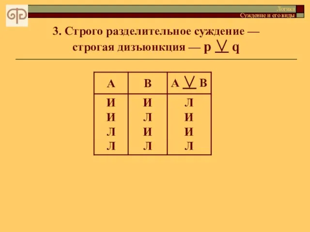 3. Строго разделительное суждение — строгая дизъюнкция — p ∨ q Логика Суждение и его виды