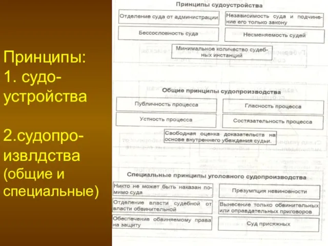 Принципы: 1. судо-устройства 2.судопро-извлдства (общие и специальные)